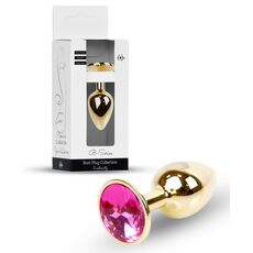 Plug Jewellery Gold, cristal roz, vedere de aproape cu suprafata metalica lustruita si cristalul fatetat