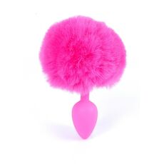 Plug Silicon cu Coada Bunny Tail roz, vedere frontala cu coada pufoasa completa