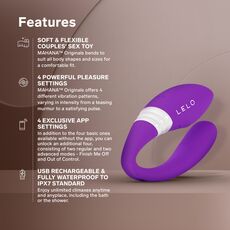 LELO Mahana Originals, infografic cu cele 8 moduri de vibratie, control din aplicatie, reincarcare USB, IPX7
