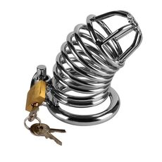 Centura de castitate metalica Lovetoy Emperor, vedere unghi cu lacatul si cheile atasate