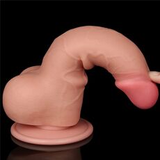 Dildo-ul Lovetoy Sliding Skin curbat puternic, demonstrand flexibilitatea totala a materialului