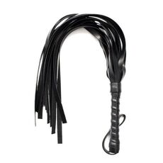 Bici (flogger) din piele ecologica neagra, cu maner captusit si snur pentru prindere la incheietura