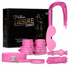 Kit BDSM 7 piese Fetish B-Series roz, cutie cadou si toate componentele: catuse, zgarda, bici, minge, masca, franghie