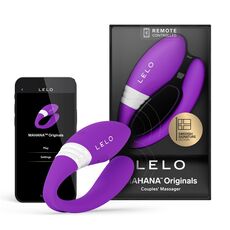 LELO Mahana Originals, masajor pentru cupluri violet, alaturi de aplicatia LELO pe telefon si cutia originala