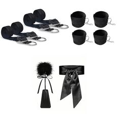 Componentele setului bondage pat Fetish B-Series: 4 curele cu inele, 4 catuse cu carabina, pana si masca