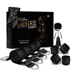 Set bondage pat Fetish B-Series negru, cutie cadou si toate componentele: curele, catuse, pana, masca