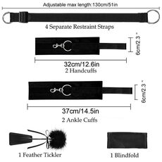Dimensiunile setului bondage pat Fetish B-Series: curele reglabile pana la 130 cm, catuse maini 32 cm, catuse picioare 37 cm