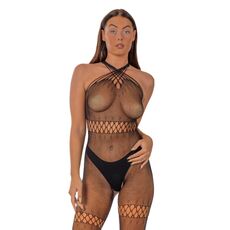 Bodystocking Lace by LJ crotchless cu guler crossover, Negru, vedere din fata
