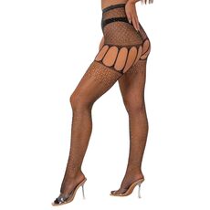 Ciorapi Lace by LJ Rhinestone Negru, detaliu sclipici pe bretele
