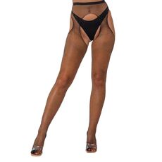 Colanti plasa Lace by LJ crotchless cu sclipici Rhinestone, Negru, vedere din fata