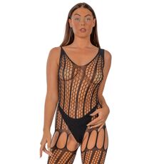 Bodystocking crosetat Lace by LJ cu snur pe spate, Negru, vedere din fata