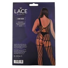 Bodystocking crosetat Lace by LJ Negru, cutie vedere spate cu specificatii
