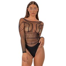 Body dantela Lace by LJ cu maneci lungi, Negru, vedere din fata