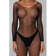 Catsuit Vaera plasa neagra, detaliu decolteu si maneci