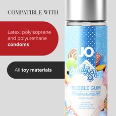 Compatibilitate JO Candy Shop Bubble Gum: prezervative din latex, poliizopren si poliuretan, toate jucariile