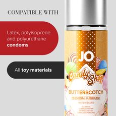 Compatibilitate JO Candy Shop Butterscotch: prezervative din latex, poliizopren si poliuretan, toate jucariile