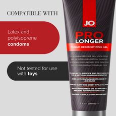 Compatibilitate JO Prolonger Gel: prezervative din latex si poliizopren, netestat cu jucarii