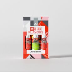 Cutie System JO Tri-Me Triple Pack Flavors pe fundal deschis, cu trei flacoane vizibile