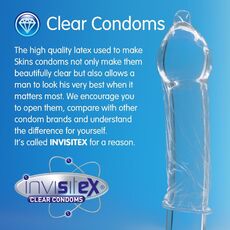 Detaliu Invisitex Clear Condoms, evidentiind transparenta latexului Skins
