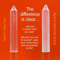 Comparatie vizuala intre grosimea Skins Ultra Thin si un prezervativ standard