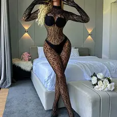 Lace by LJ Gloved Leopard Print Catsuit Black