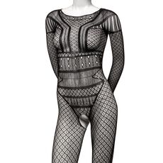 Body dres integral din plasa cu model geometric Scandal CalExotics negru, vedere din fata