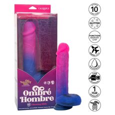 Dildo vibrator realist Ombre Hombre CalExotics roz-albastru, infografic 10 functii si reincarcare USB