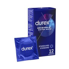 Cutia Durex Extra Safe langa un prezervativ individual ambalat