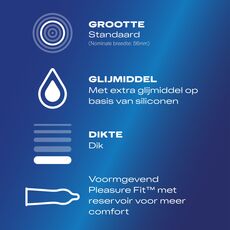 Infografic Durex Extra Safe: latime standard 56mm, lubrifiant pe baza de silicon, grosime marita, forma Pleasure Fit cu rezervor