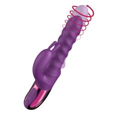 Vibrator rabbit cu rotatie si impingere Swirl She.E.O mov, vedere de ansamblu cu directie rotatie
