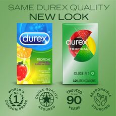 Durex Tropical Flavored Condoms, Natural Rubber Latex Lubricate Condoms for Men, Exciting Banana, Apple & Strawberry Tasty Flavors 12 pcs