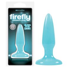 Firefly Pleasure Plug Mini albastru, langa cutia originala NS Novelties care lumineaza in intuneric