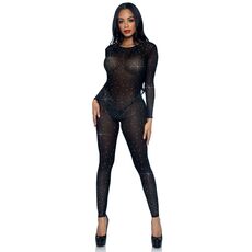 Catsuit transparent cu strasuri Leg Avenue negru, vedere completa