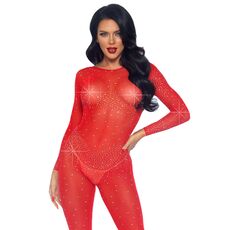 Catsuit transparent cu strasuri Leg Avenue rosu, vedere din fata