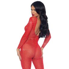 Catsuit transparent cu strasuri Leg Avenue rosu, vedere completa