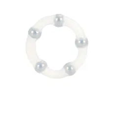 Inel penis din silicon cu bile metalice CalExotics transparent, detaliu bile incastrate