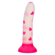 Dildo cu ventuza Glow Stick Heart CalExotics fosforescent, vedere completa cu model inimioare roz