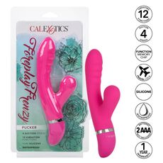 Vibrator rabbit Foreplay Frenzy Pucker CalExotics roz, cutia si produsul cu iconite de functii