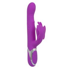 Vibrator rabbit cu pulsatie Enchanted Throbbing Butterfly CalExotics mov, vedere completa cu stimulator in forma de fluture