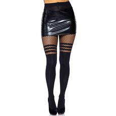 Dres opac cu banda plasa pe coapsa Leg Avenue negru, vedere din fata cu dungi fishnet sub fusta