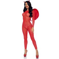 Catsuit Transparent cu Strasuri Leg Avenue, Rosu