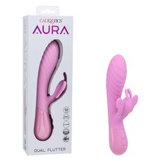 Vibrator Dublu cu Fluture Aura Dual Flutter CalExotics, Roz cutie si produs
