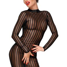 Rochie Neagra Semi transparenta cu dungi, din tul elastic cu dantela, Noir Handmade prim plan