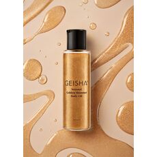 Ulei de masaj Sensual Golden Shimmer by Geisha, vedere de sus cu texturile aurii in suspensie