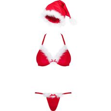 Costum Obsessive, Craciunita, chiloti, sutien, caciulita, rosu cu puf natural alb# - culoare si material