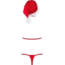 Costum Obsessive, Craciunita, chiloti, sutien, caciulita, rosu cu puf natural alb# - dimensiuni complete