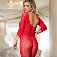 Long Sleeve Floral Pattern Bodystocking - Rosu