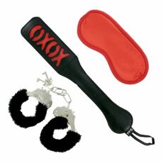 Set BDSM Sex&Mischief, accesorii cu catuse cu blanita, masca satinata rosie, imprimeu XOXO - Sweet Punishment Kit