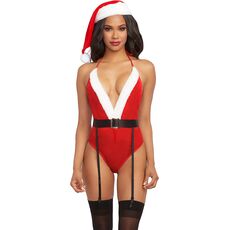 Set Lenjerie Dreamgirl, costum Craciunita, body de catifea si caciulita, S-L