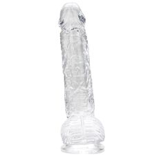 Dildo Loving Joy, cu testicule, Transparent, 16,5 cm